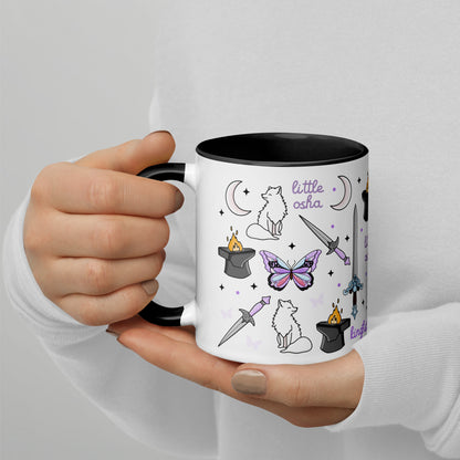 Little Osha Fantasy Scatter Pattern Accent Coffee Mug Spinsterly Co, white ceramic with glossy dark interior