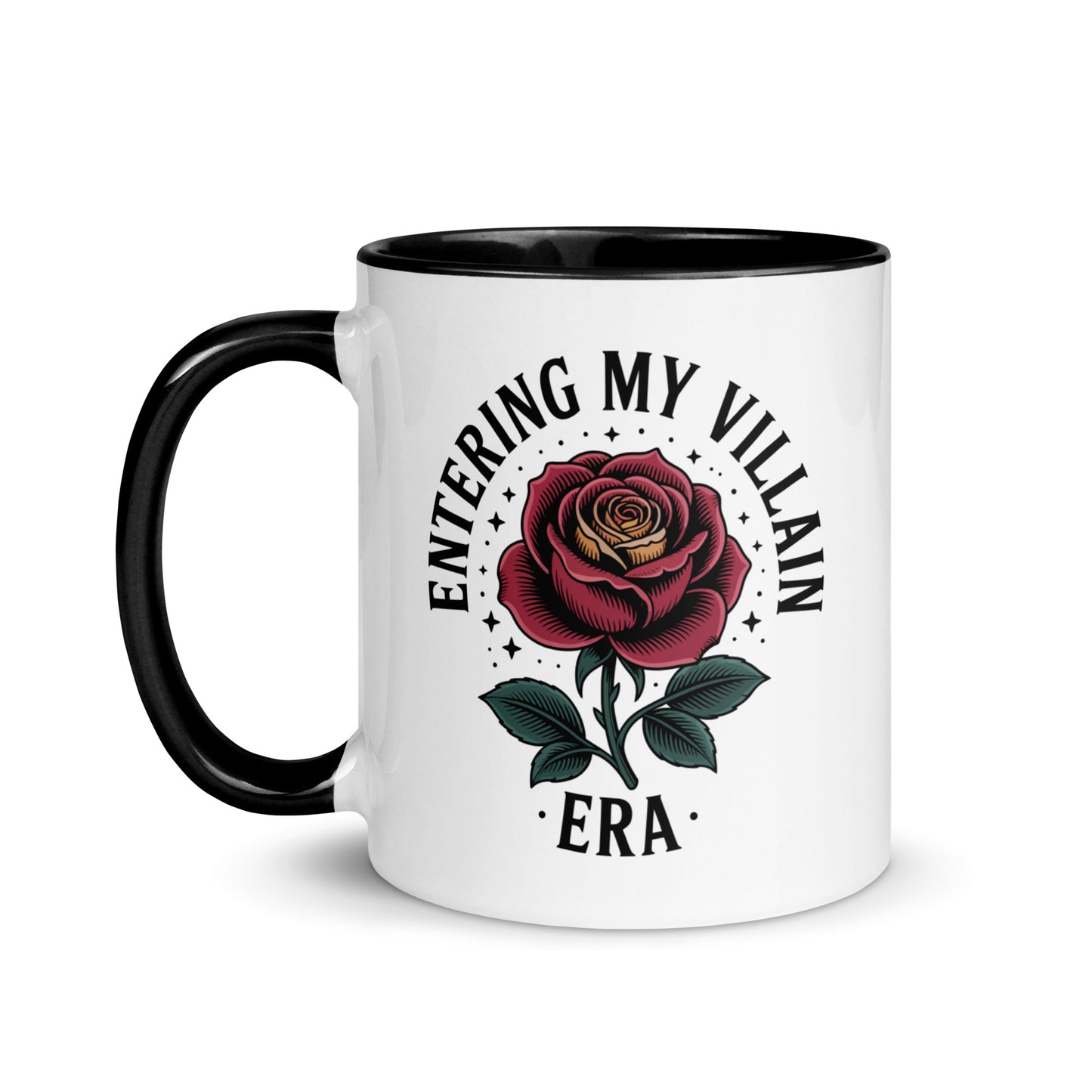 Entering My Villain Era Rose Accent Coffee Mug by Spinsterly Co, glossy white ceramic with black interior