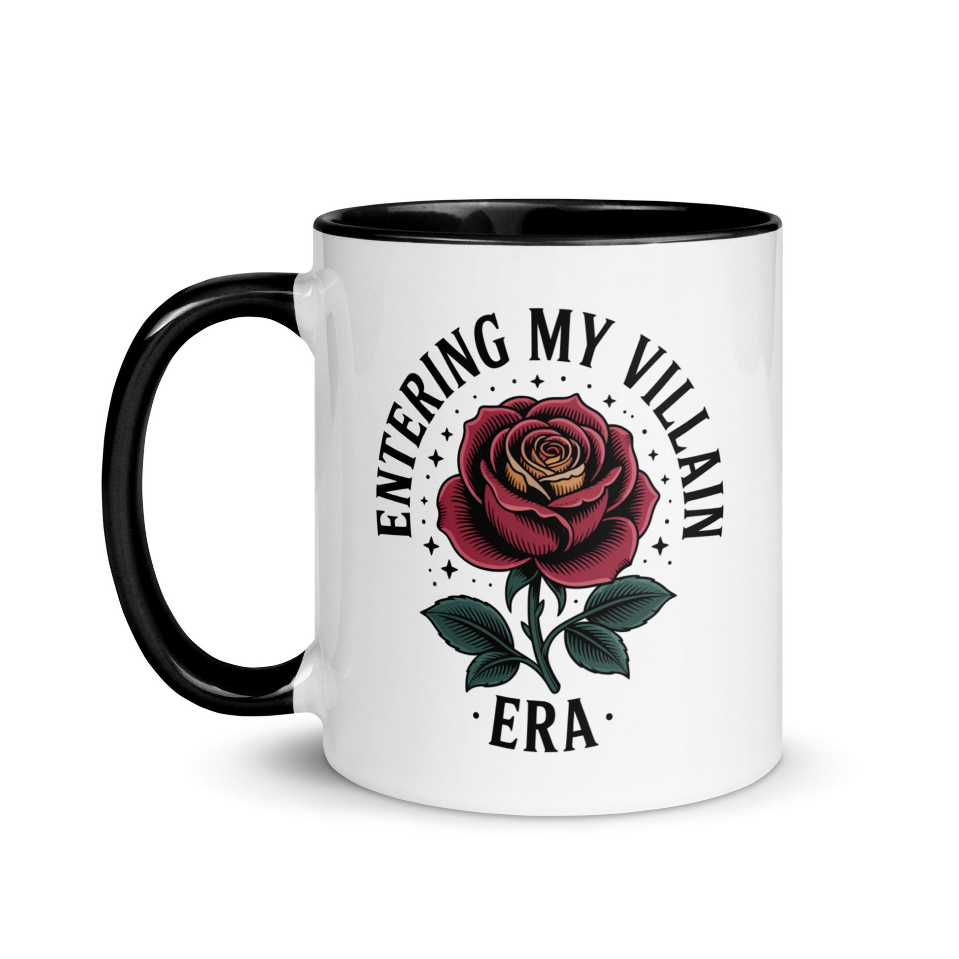 Entering My Villain Era Rose Accent Coffee Mug by Spinsterly Co, glossy white ceramic with black interior