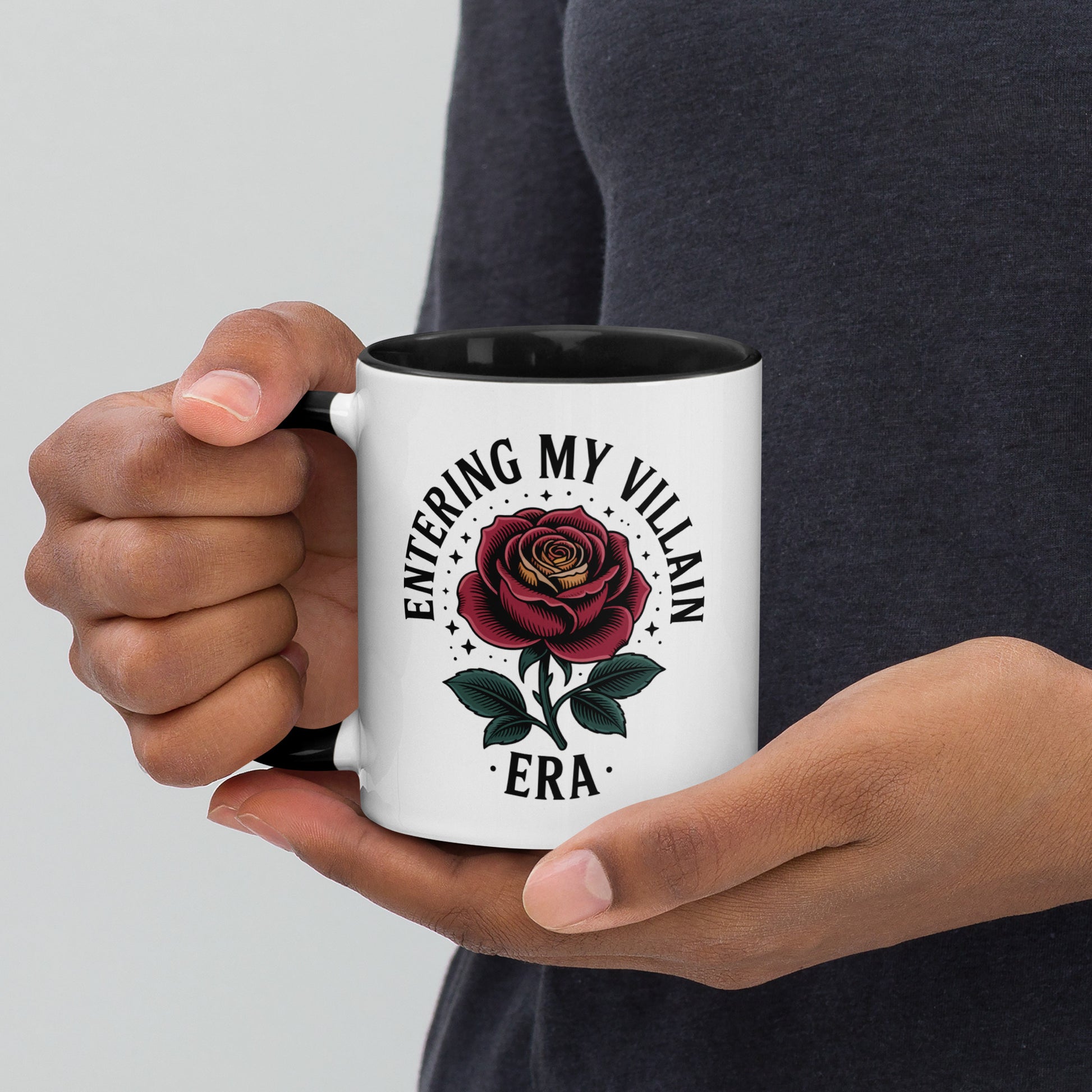 Entering My Villain Era Rose Accent Coffee Mug by Spinsterly Co, glossy white ceramic with black interior