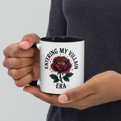 Entering My Villain Era Rose Accent Coffee Mug by Spinsterly Co, glossy white ceramic with black interior
