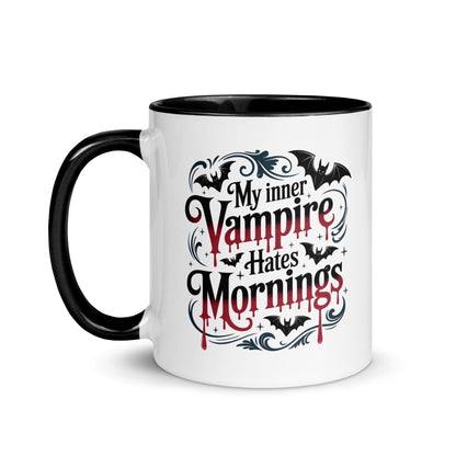 My Inner Vampire Hates Mornings Gothic Accent Coffee Mug by Spinsterly Co, white ceramic with bat typography