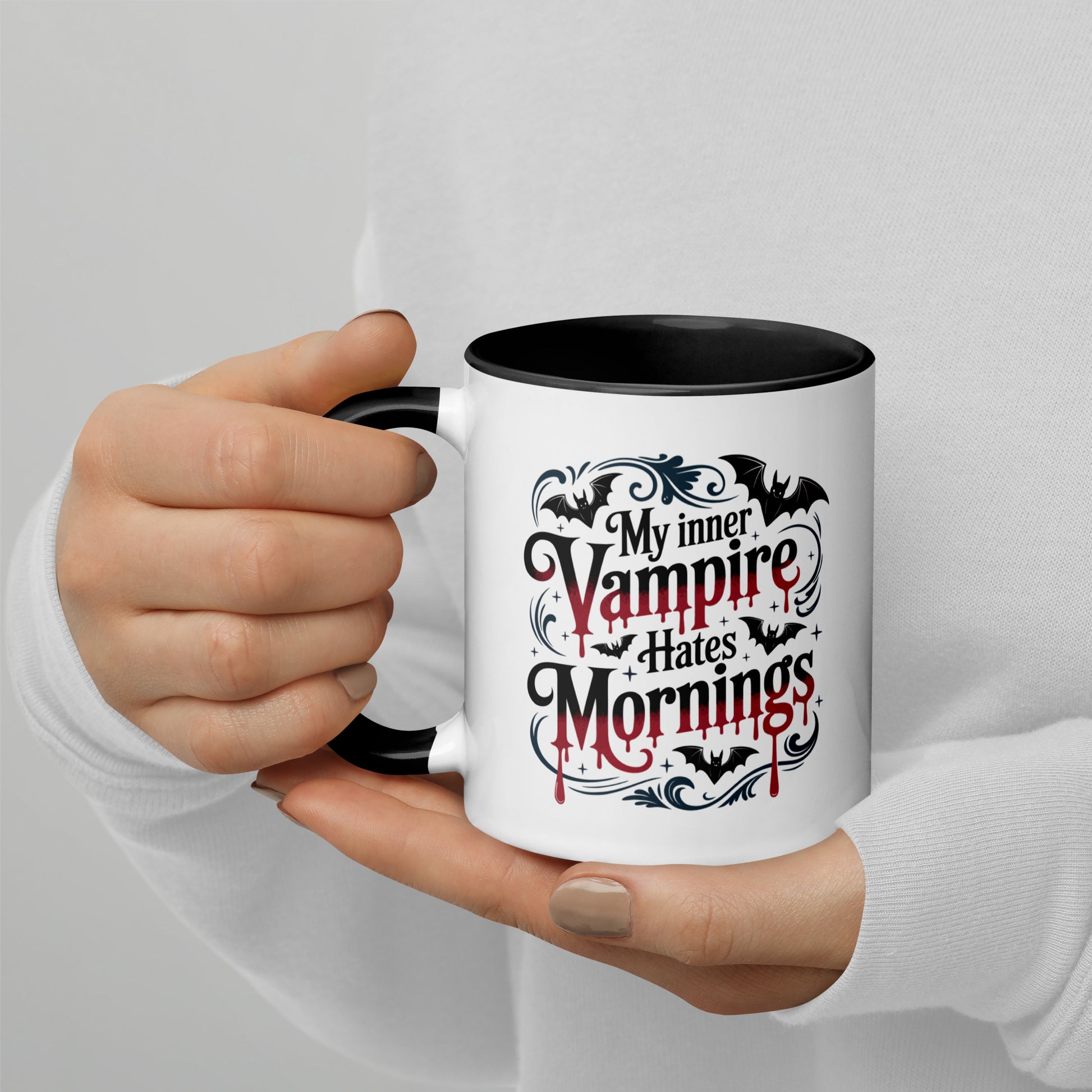 My Inner Vampire Hates Mornings Gothic Accent Coffee Mug by Spinsterly Co, white ceramic with black interior