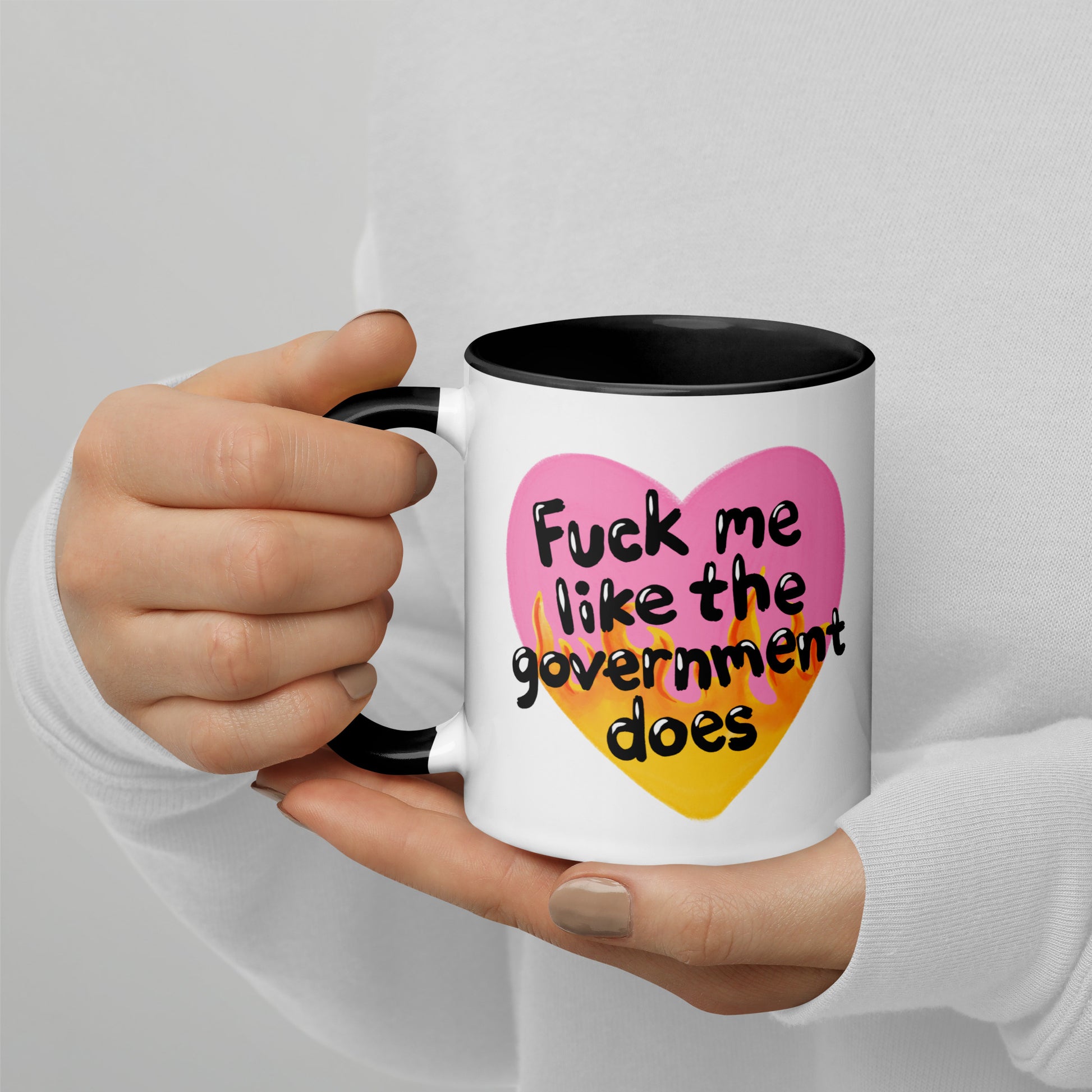 Fck Me Like the Government Does Flame Heart Accent Coffee Mug by Spinsterly Co, white ceramic with black interior