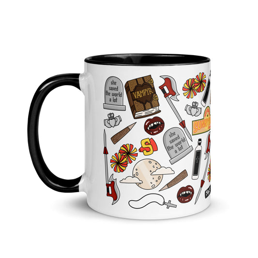 She Saved the World a Lot Slayer Scatter Pattern Accent Coffee Mug by Spinsterly Co, white ceramic with glossy finish