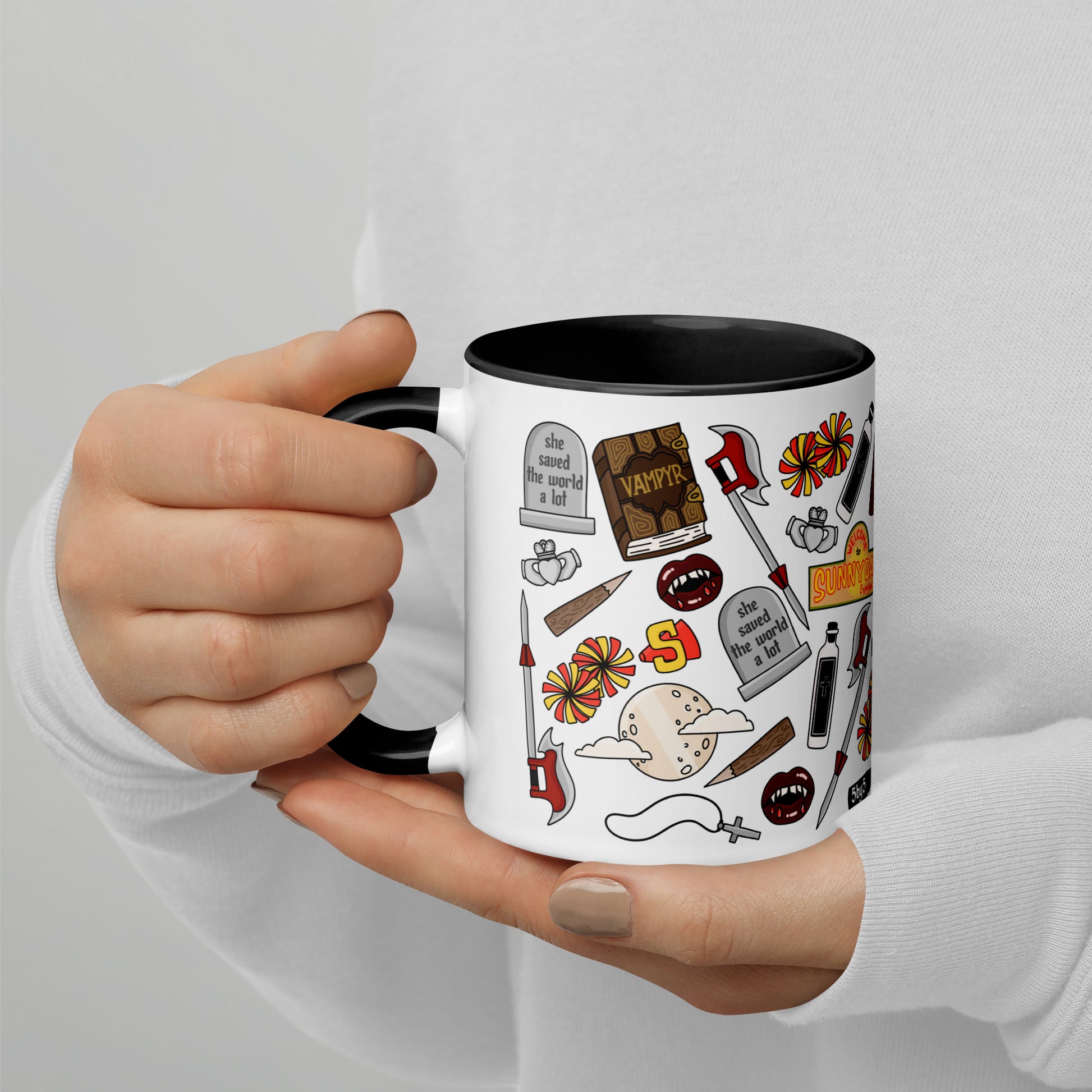 She Saved the World a Lot Slayer Scatter Pattern Accent Coffee Mug by Spinsterly Co, glossy white ceramic