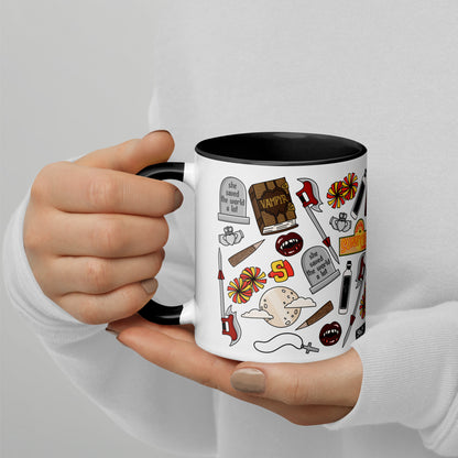 She Saved the World a Lot Slayer Scatter Pattern Accent Coffee Mug by Spinsterly Co, glossy white ceramic