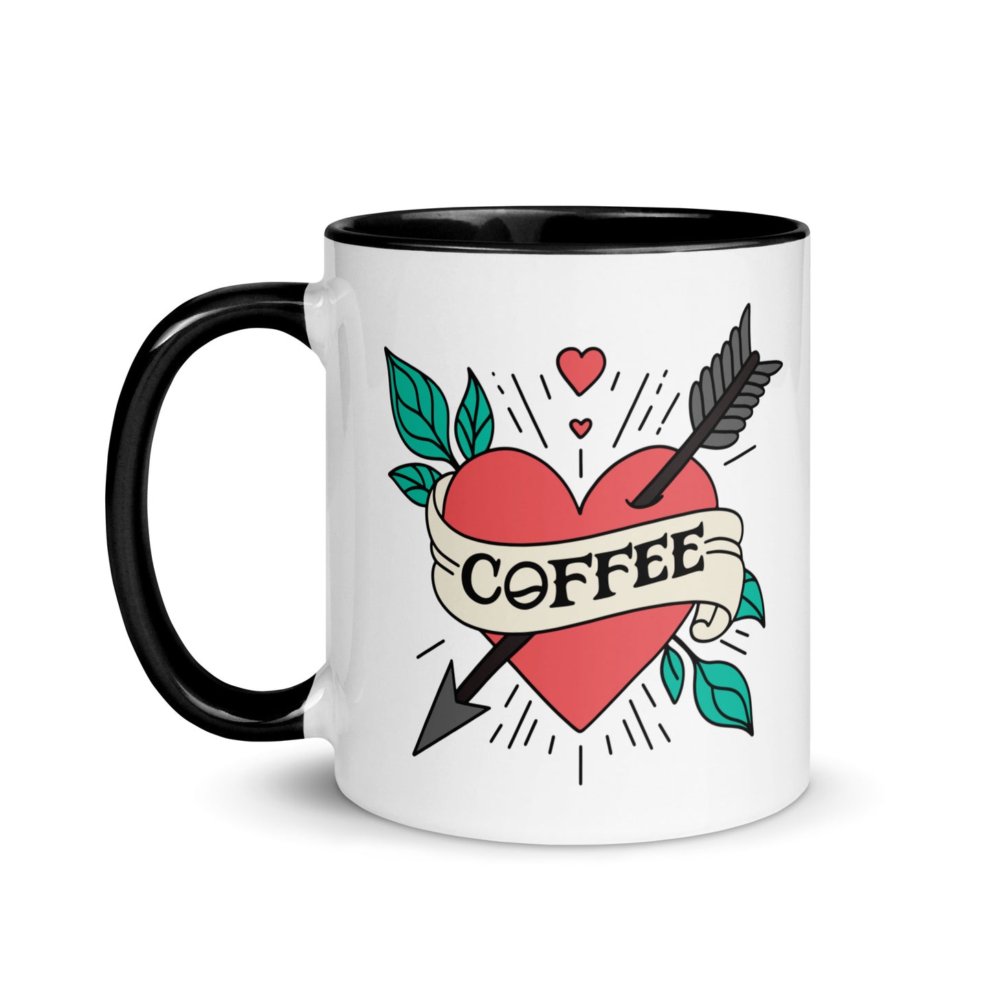 Coffee Tattoo Heart Arrow Accent Coffee Mug by Spinsterly Co, glossy white with black rim and red heart design