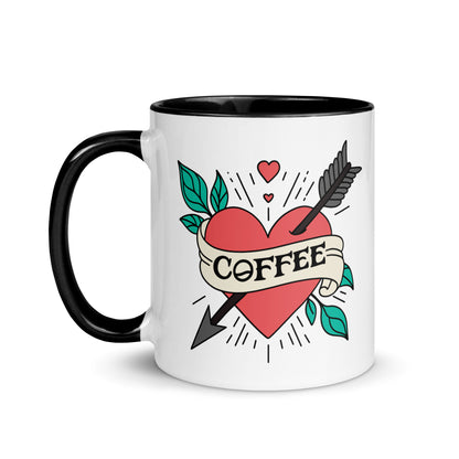 Coffee Tattoo Heart Arrow Accent Coffee Mug by Spinsterly Co, glossy white with black rim and red heart design