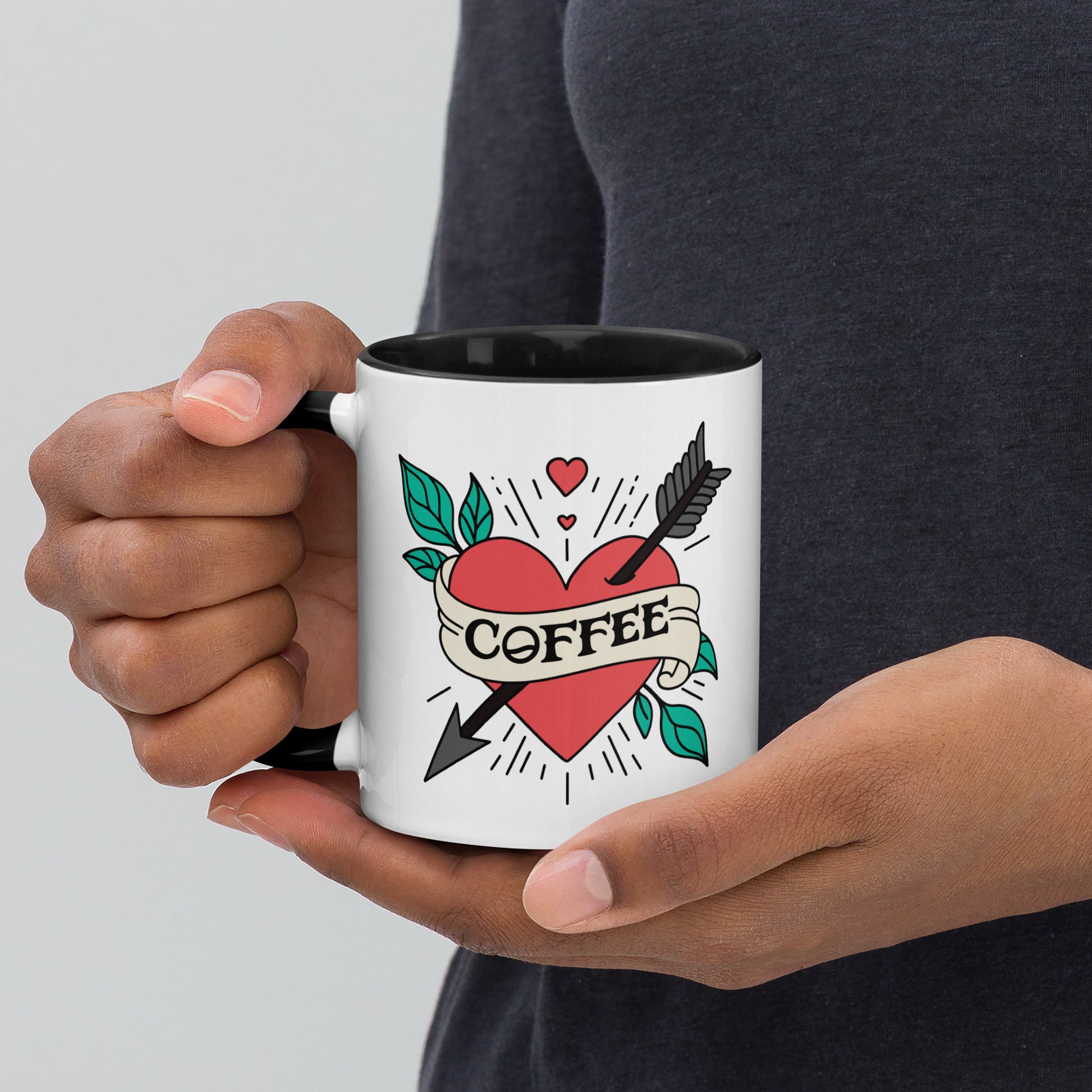 Coffee Tattoo Heart Arrow Accent Coffee Mug by Spinsterly Co, white ceramic with black interior and glossy print