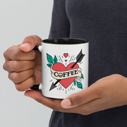 Coffee Tattoo Heart Arrow Accent Coffee Mug by Spinsterly Co, white ceramic with black interior and glossy print