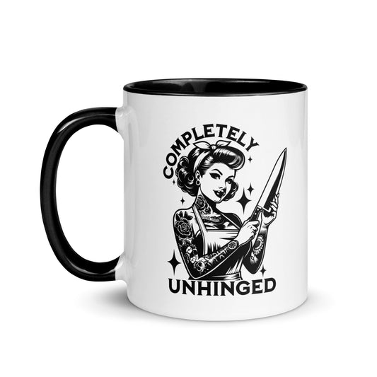 Completely Unhinged Tattooed Pin-Up Dagger Accent Coffee Mug by Spinsterly Co, glossy ceramic in white and black