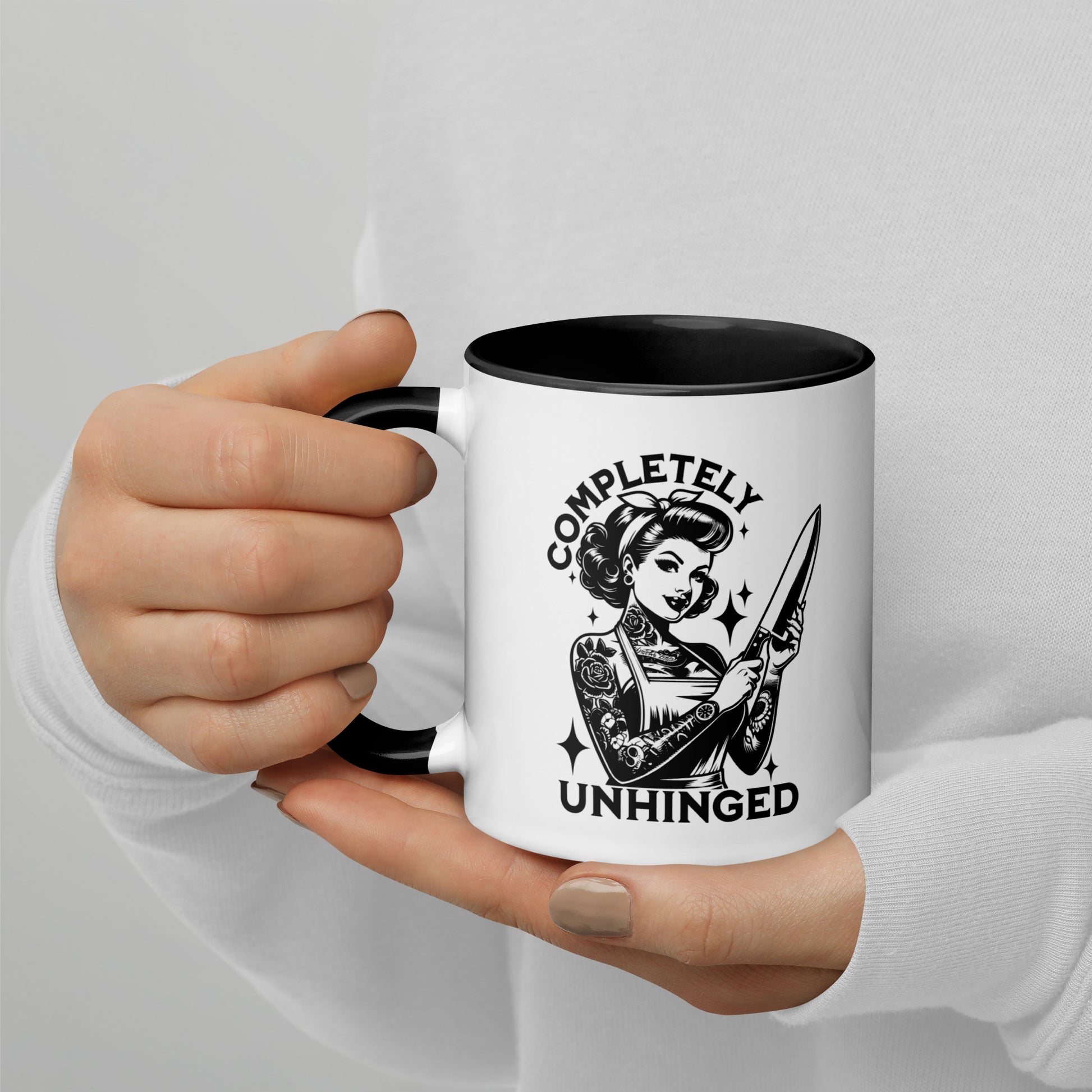 Completely Unhinged Tattooed Pin-Up Dagger Accent Coffee Mug by Spinsterly Co, white ceramic with glossy black interior
