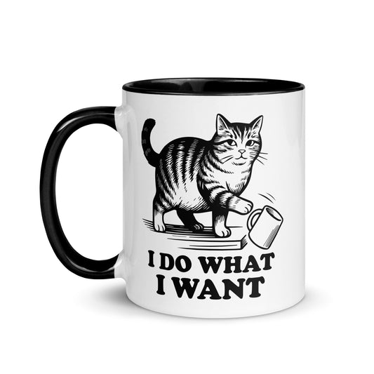 I Do What I Want Cat Knocking Mug Accent Coffee Mug by Spinsterly Co, glossy ceramic with black interior