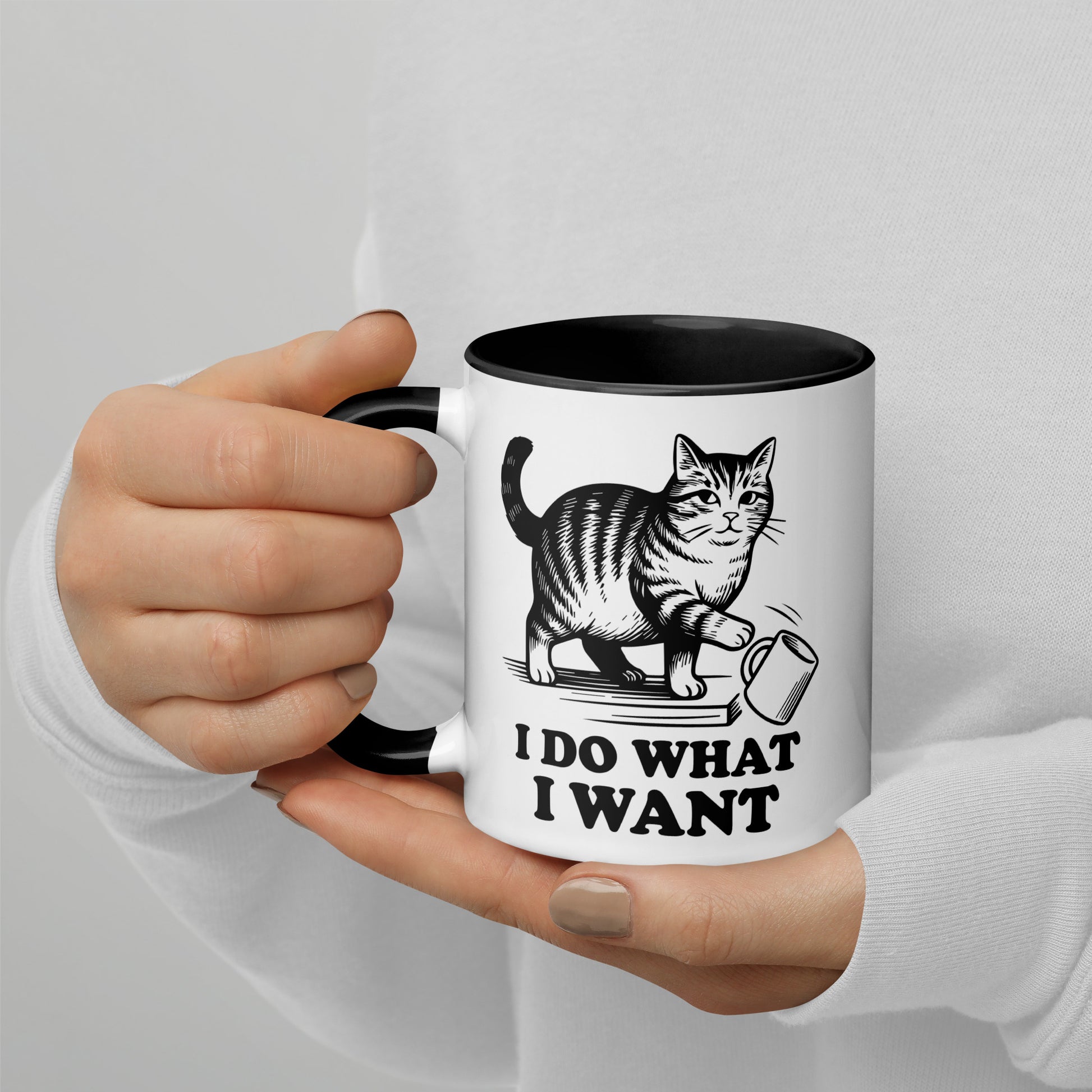 I Do What I Want Cat Knocking Mug Accent Coffee Mug by Spinsterly Co, glossy ceramic with black interior