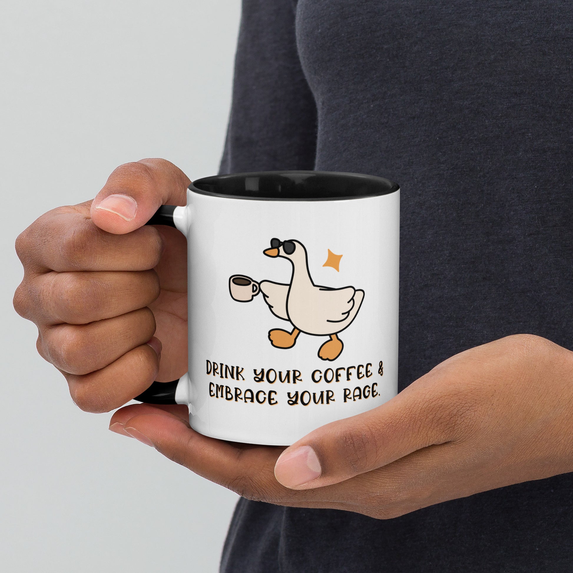 Drink Your Coffee Embrace Your Rage Silly Goose Accent Coffee Mug by Spinsterly Co, glossy ceramic, black interior