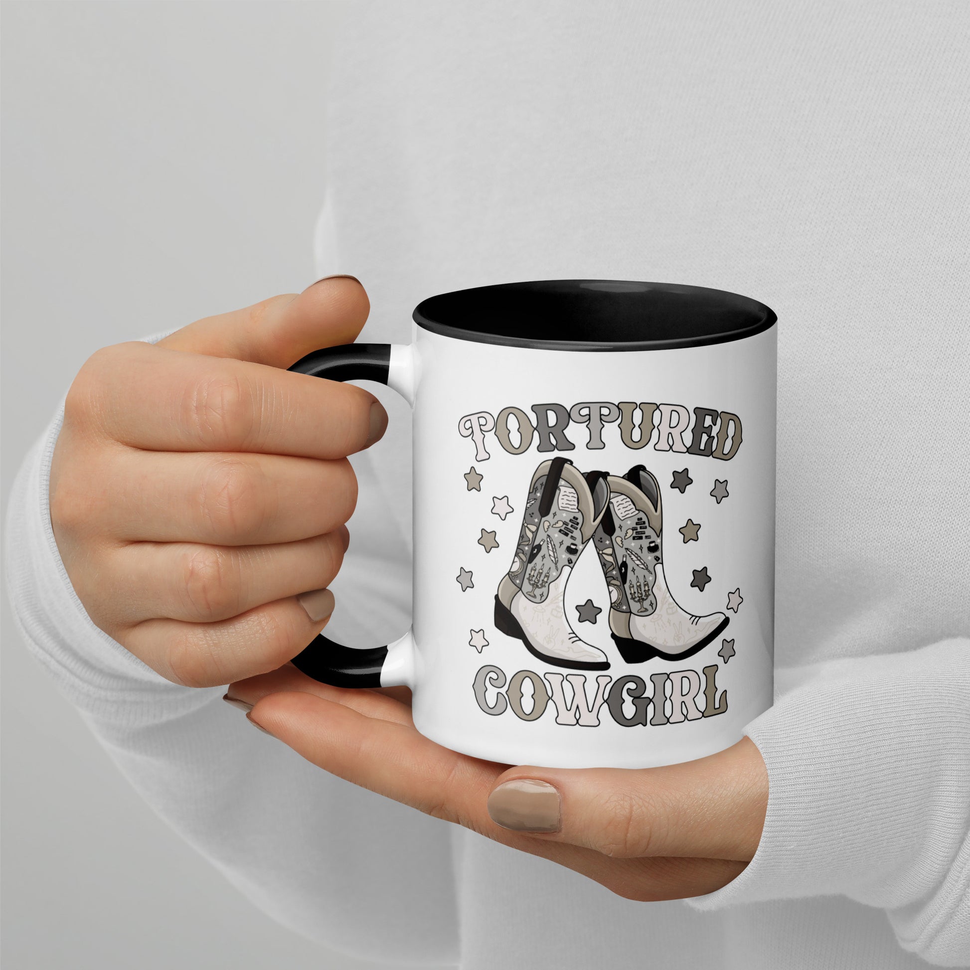 Tortured Cowgirl Western Boot Accent Coffee Mug by Spinsterly Co, white ceramic with black interior, glossy print