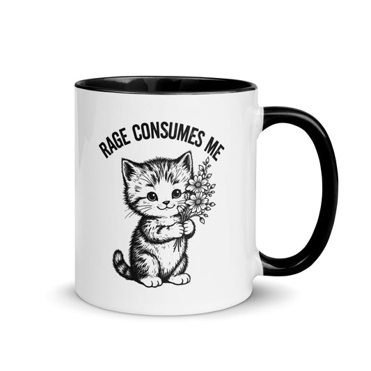 Rage Consumes Me Angry Cat Accent Coffee Mug by Spinsterly Co, glossy white ceramic with black interior