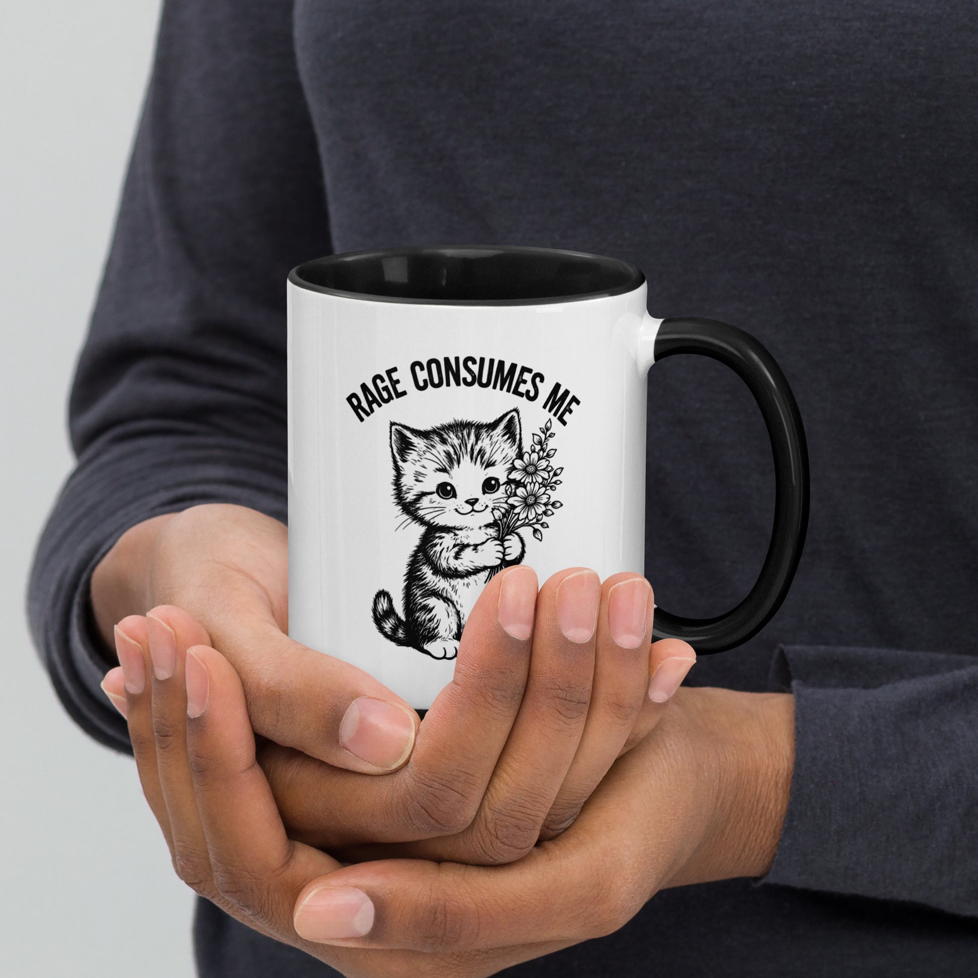 Rage Consumes Me Angry Cat Accent Coffee Mug Spinsterly Co glossy ceramic mug with black interior and cat graphic