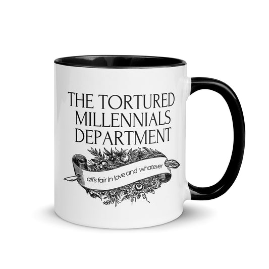 The Tortured Millennials Department Accent Coffee Mug by Spinsterly Co, glossy ceramic with black interior