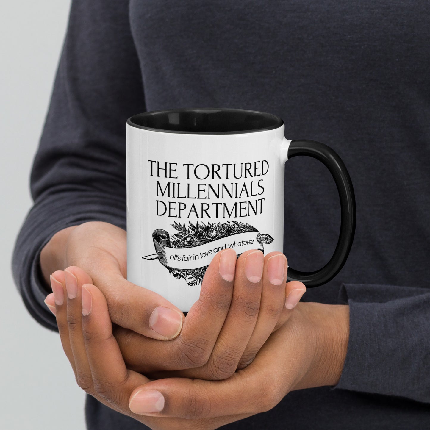 The Tortured Millennials Department Accent Coffee Mug by Spinsterly Co, white ceramic with glossy black interior