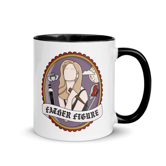 Father Figure Vampire Slayer Accent Coffee Mug by Spinsterly Co, white ceramic with glossy warrior illustration