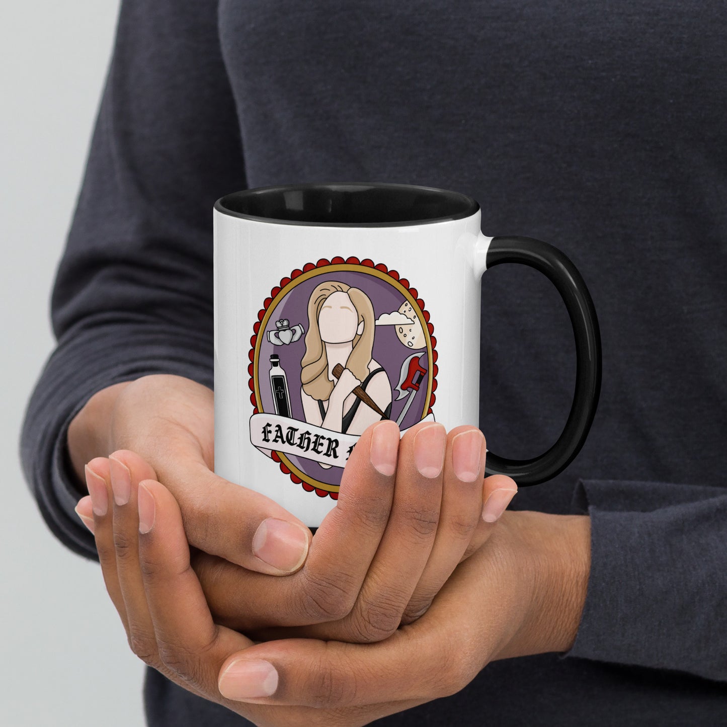 Father Figure Vampire Slayer Accent Coffee Mug by Spinsterly Co, white ceramic with glossy gothic warrior art