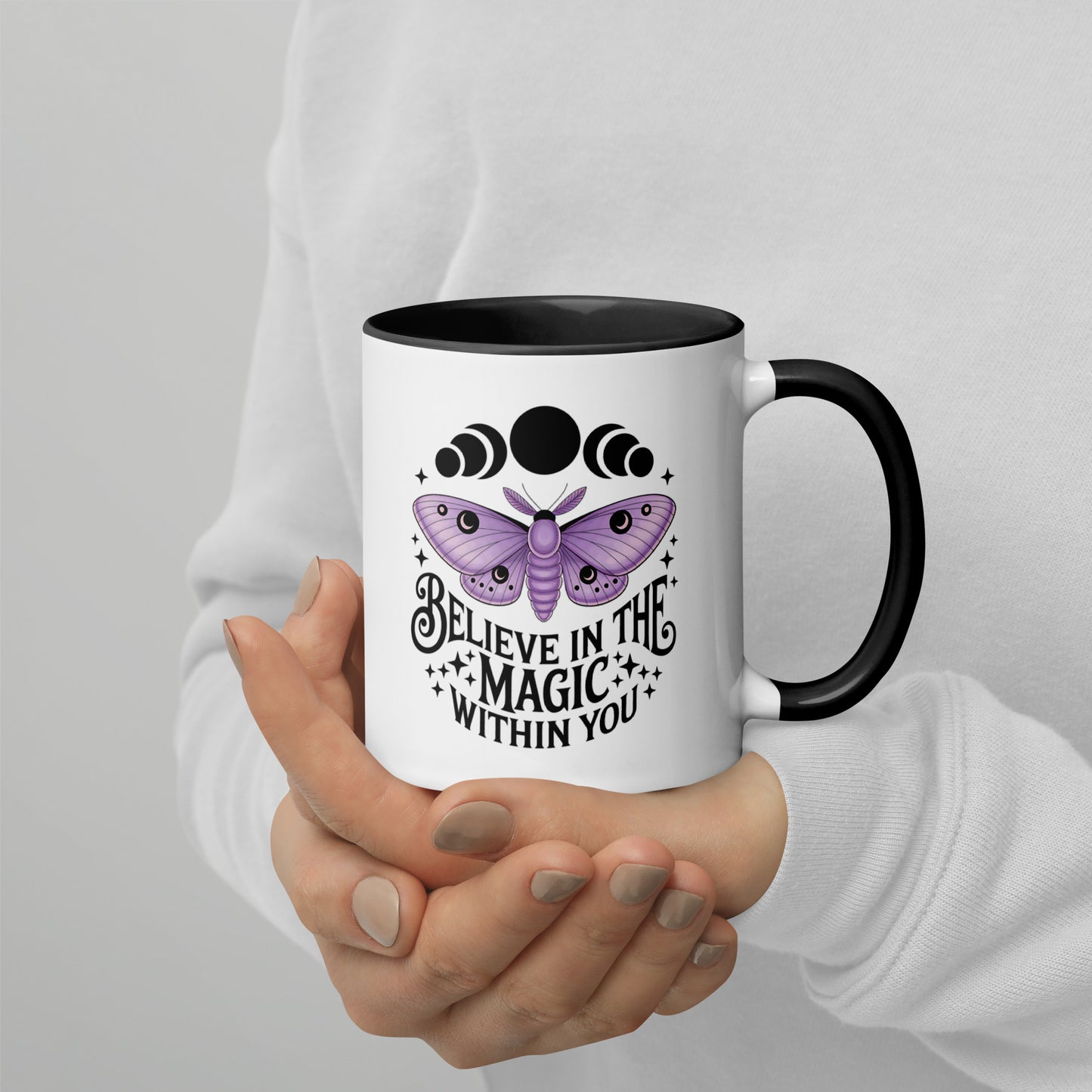Believe in the Magic Within You Moth Moon Accent Coffee Mug by Spinsterly Co, white ceramic with black rim