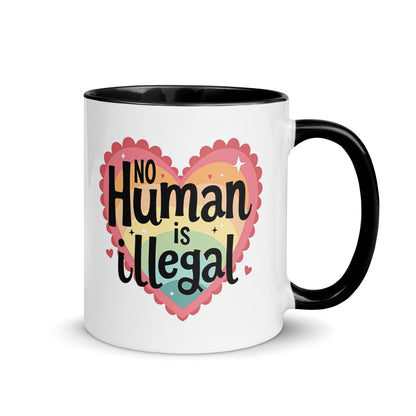 No Human is Illegal Rainbow Heart Accent Coffee Mug Spinsterly Co ceramic mug with glossy finish and black interior