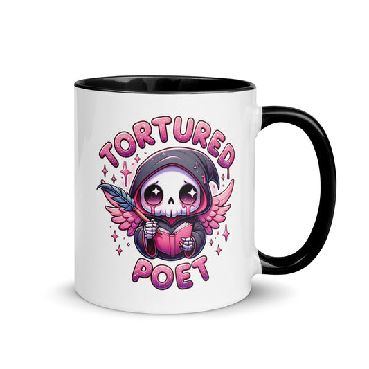 Tortured Poet Kawaii Grim Reaper Accent Coffee Mug by Spinsterly Co, pink and purple grim reaper design
