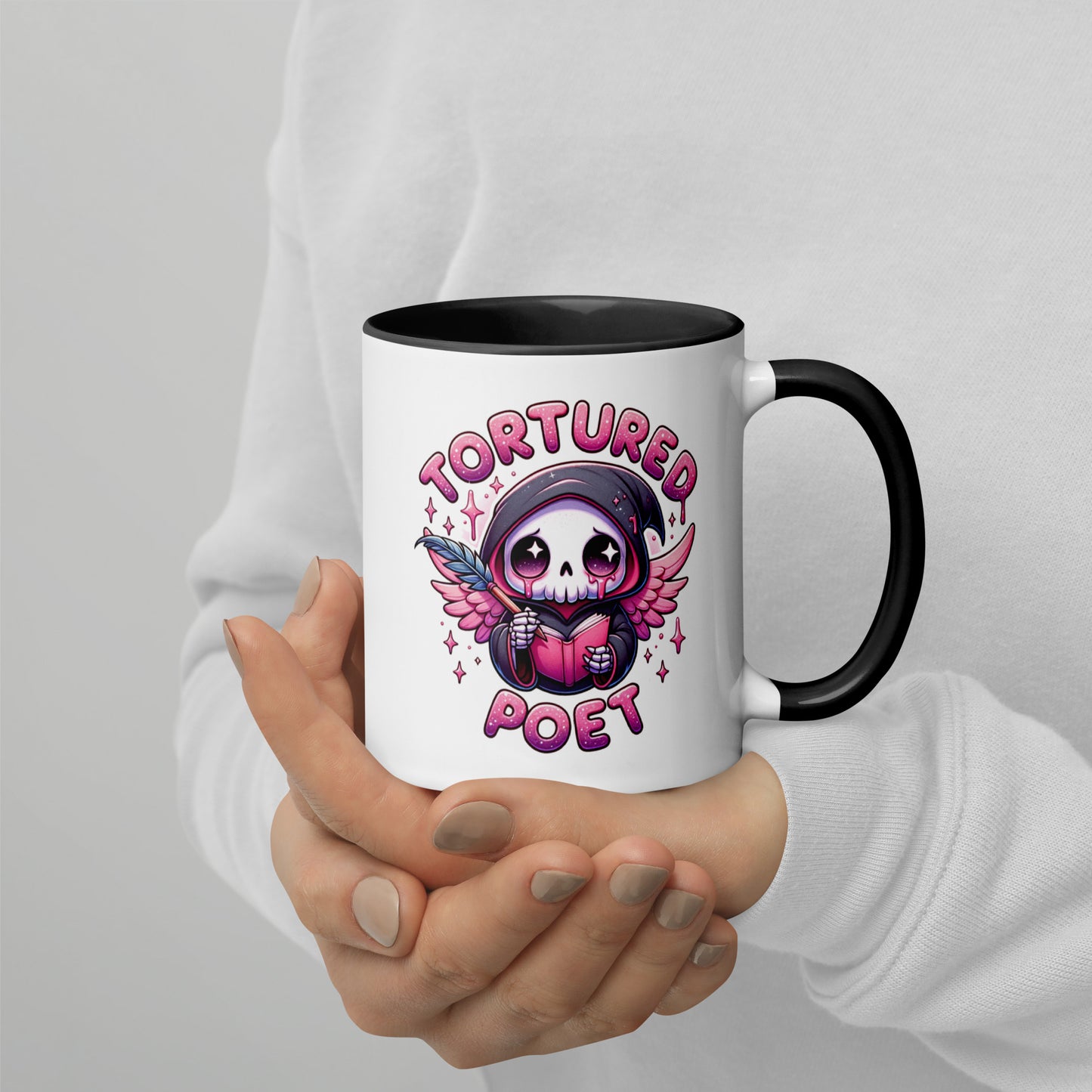 Tortured Poet Kawaii Grim Reaper Accent Coffee Mug by Spinsterly Co, white ceramic with glossy black interior