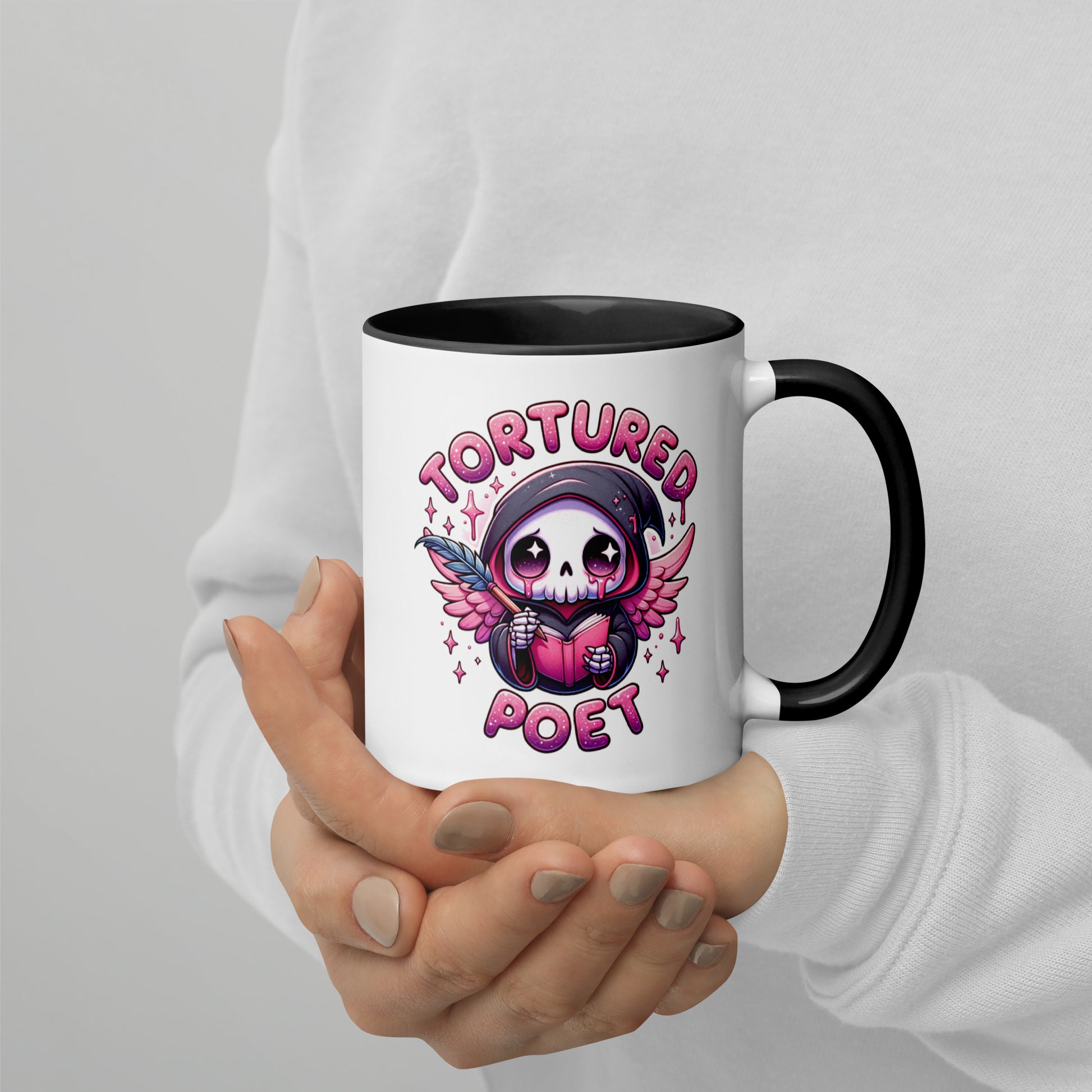 Tortured Poet Kawaii Grim Reaper Accent Coffee Mug by Spinsterly Co, white ceramic with glossy black interior