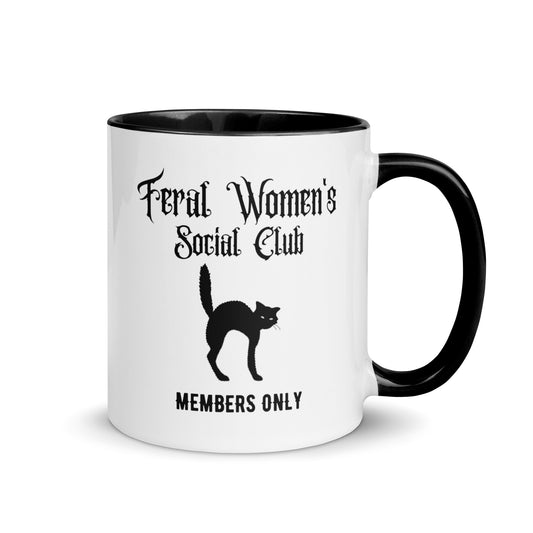 Feral Women's Social Club Accent Coffee Mug by Spinsterly Co, white ceramic with glossy black cat silhouette