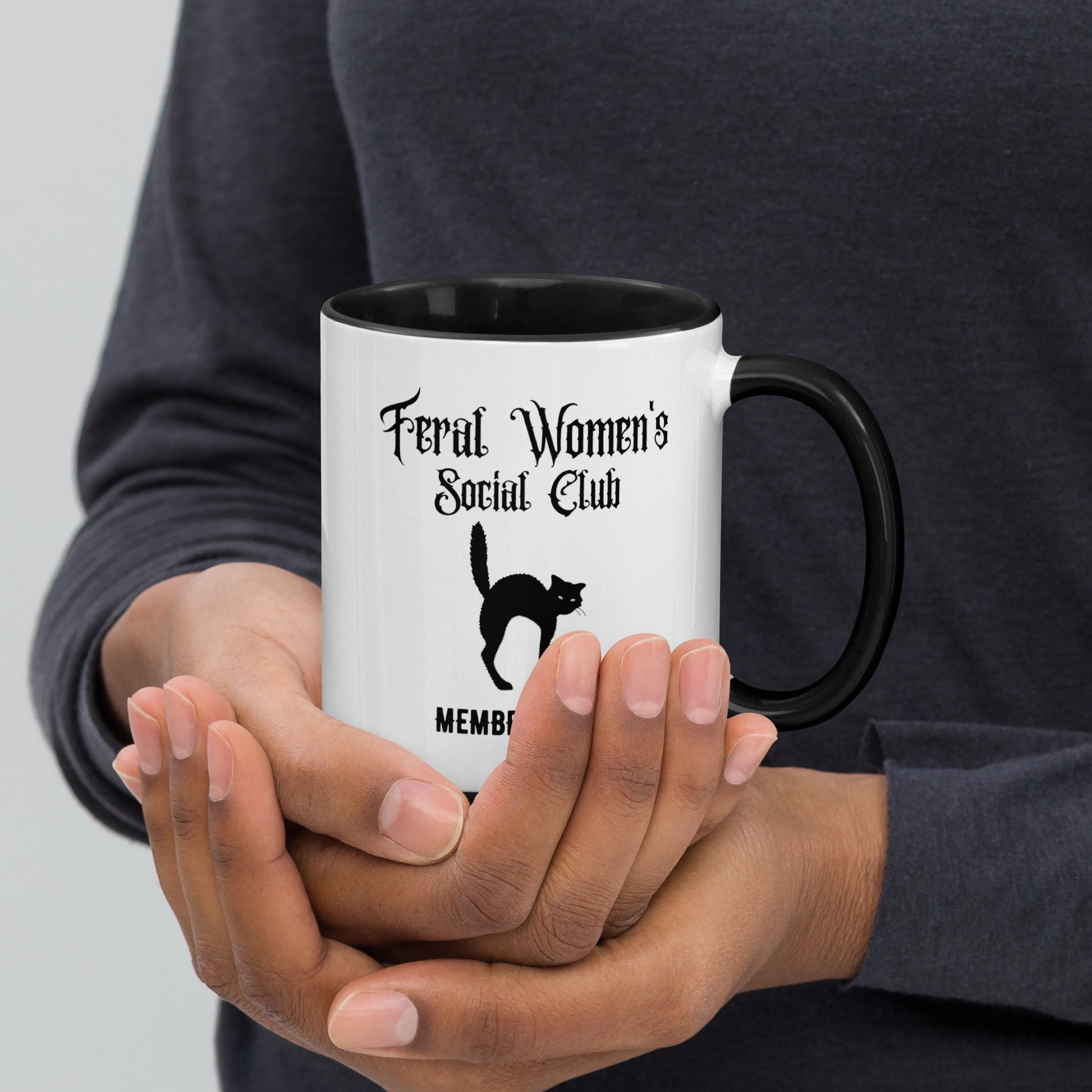Feral Women's Social Club Accent Coffee Mug by Spinsterly Co, white ceramic with glossy finish and cat silhouette