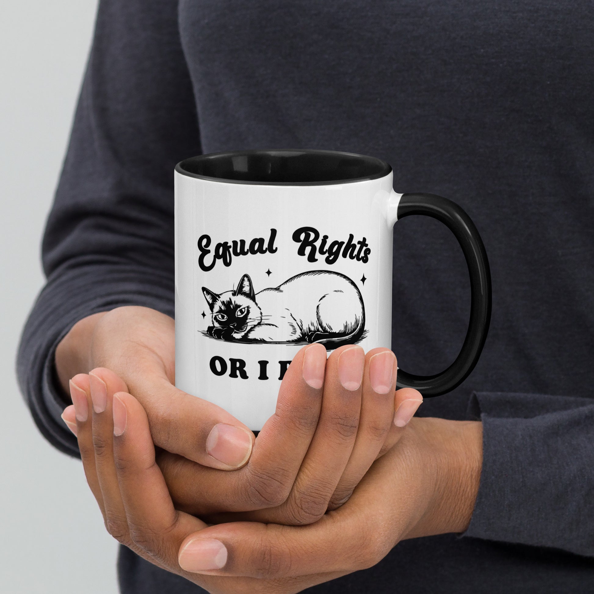 Equal Rights or I Bites Siamese Cat Accent Coffee Mug by Spinsterly Co, glossy white ceramic with black interior