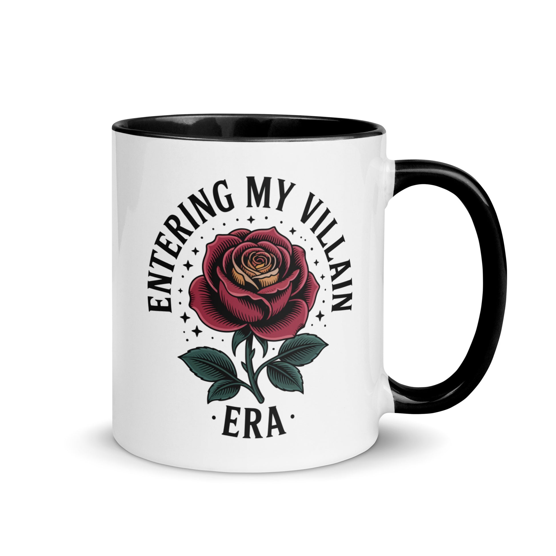 Entering My Villain Era Rose Accent Coffee Mug by Spinsterly Co, glossy ceramic with black interior and rose graphic