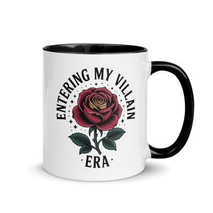 Entering My Villain Era Rose Accent Coffee Mug by Spinsterly Co, glossy ceramic with black interior and rose graphic