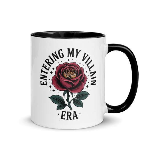 Entering My Villain Era Rose Accent Coffee Mug by Spinsterly Co, glossy ceramic with black interior and rose graphic