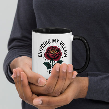 Entering My Villain Era Rose Accent Coffee Mug by Spinsterly Co, glossy white ceramic with black interior
