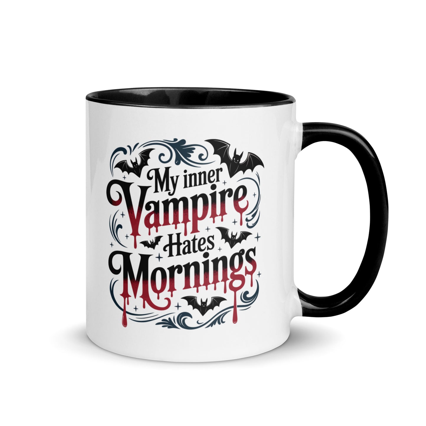 My Inner Vampire Hates Mornings Gothic Accent Coffee Mug by Spinsterly Co, white ceramic with C handle