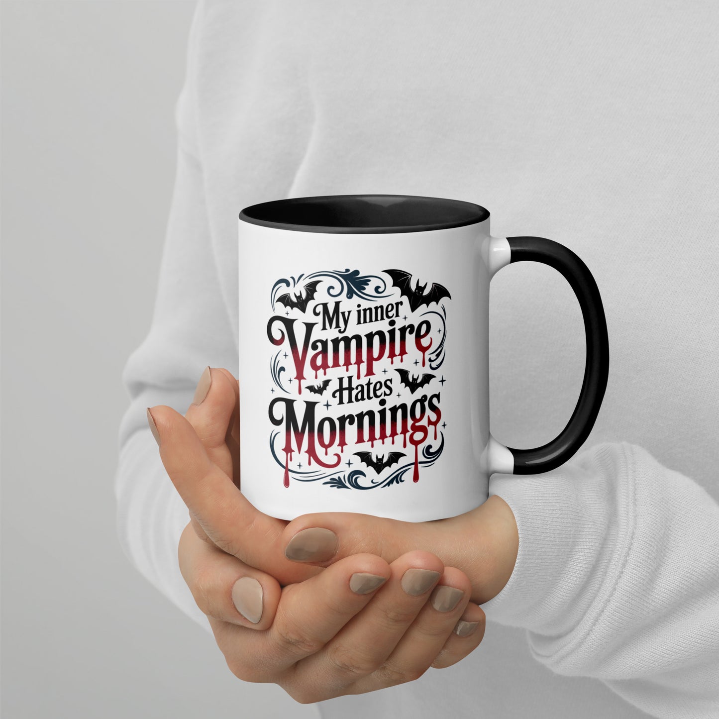 My Inner Vampire Hates Mornings Gothic Accent Coffee Mug by Spinsterly Co, glossy ceramic with black interior