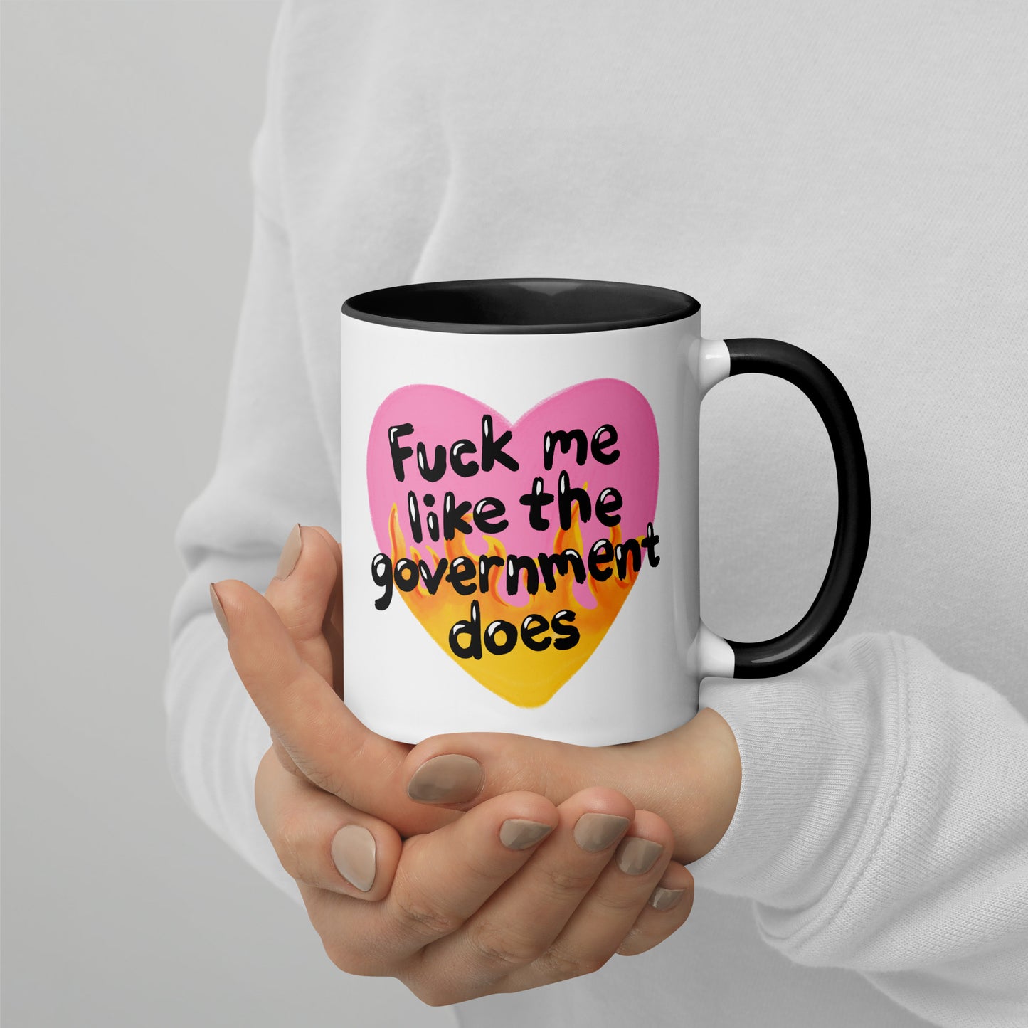 Fck Me Like the Government Does Flame Heart Accent Coffee Mug by Spinsterly, glossy white with black interior