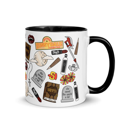 She Saved the World a Lot Slayer Scatter Pattern Accent Coffee Mug by Spinsterly Co, glossy white with black interior