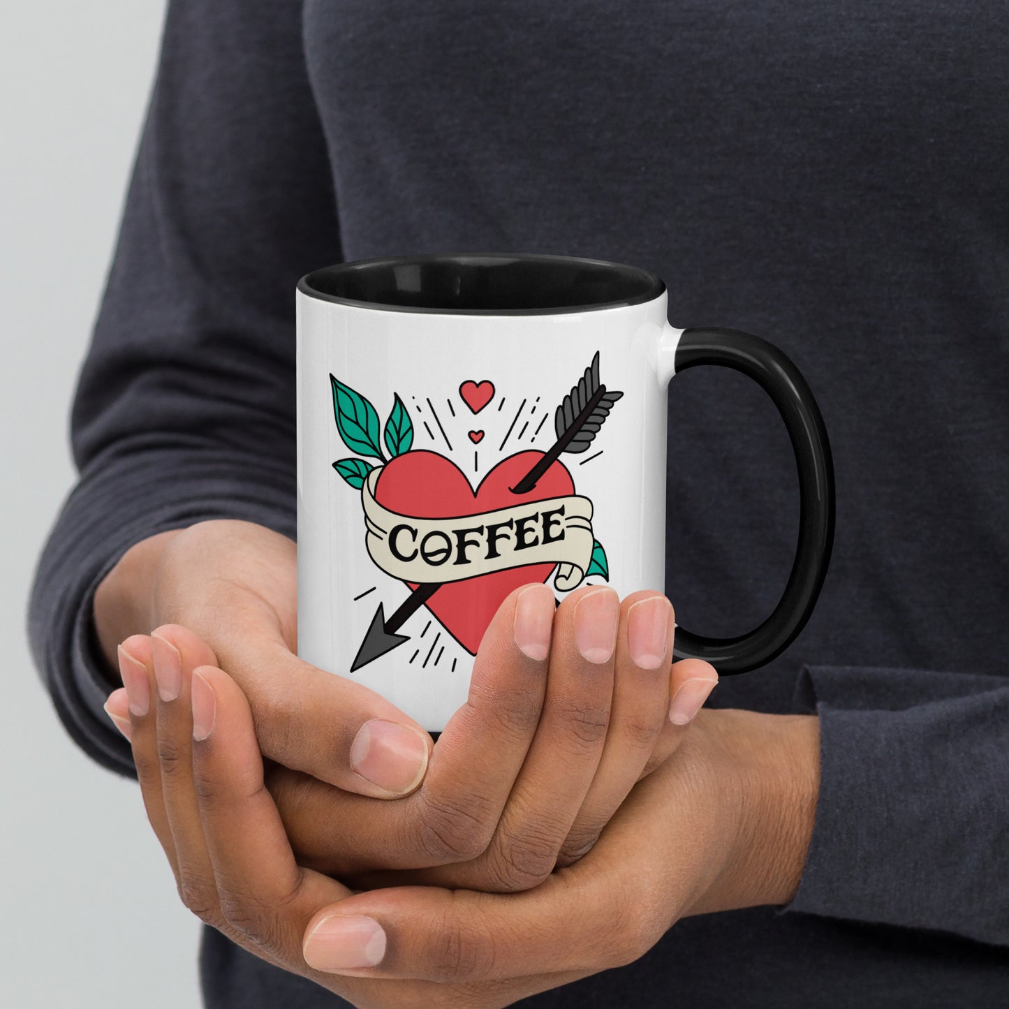 Coffee Tattoo Heart Arrow Accent Coffee Mug by Spinsterly Co in white ceramic with glossy tattoo design and black interior