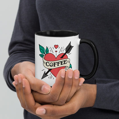 Coffee Tattoo Heart Arrow Accent Coffee Mug by Spinsterly Co in white ceramic with glossy tattoo design and black interior