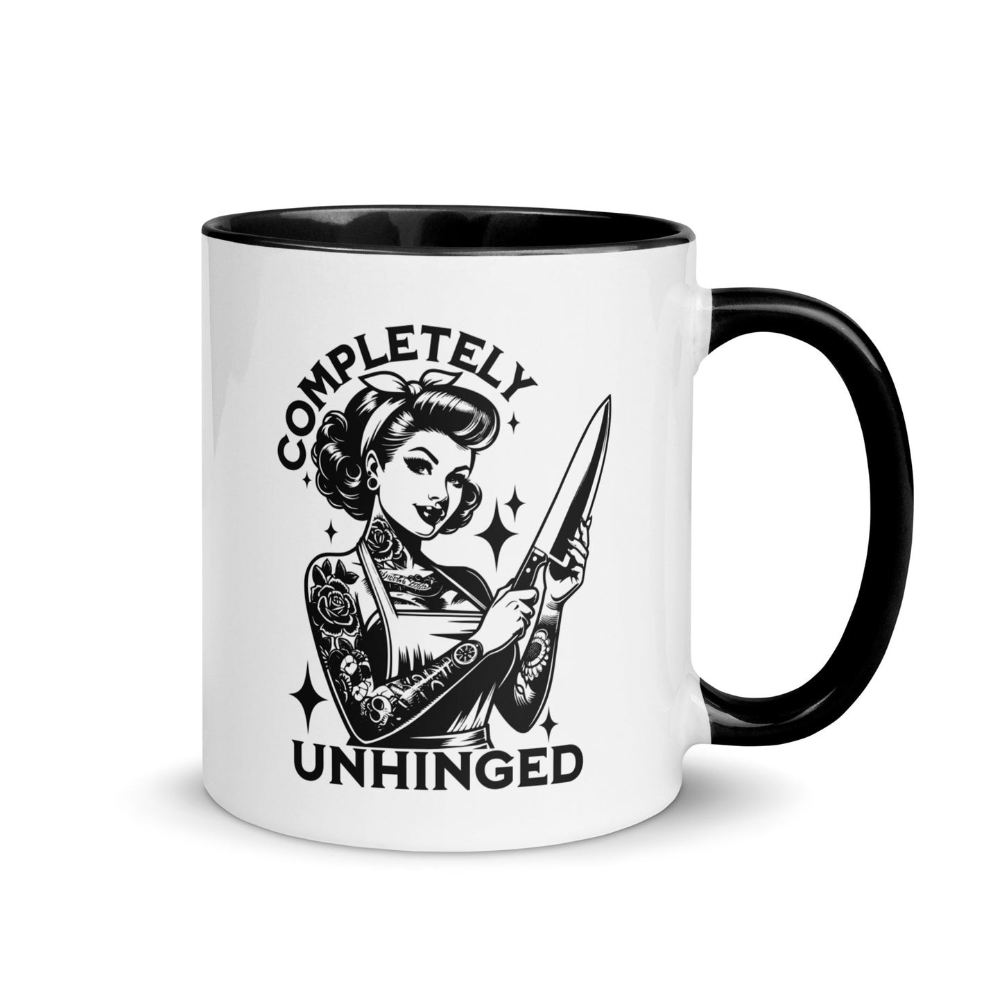 Completely Unhinged Tattooed Pin-Up Dagger Accent Coffee Mug by Spinsterly Co, glossy ceramic white with black interior