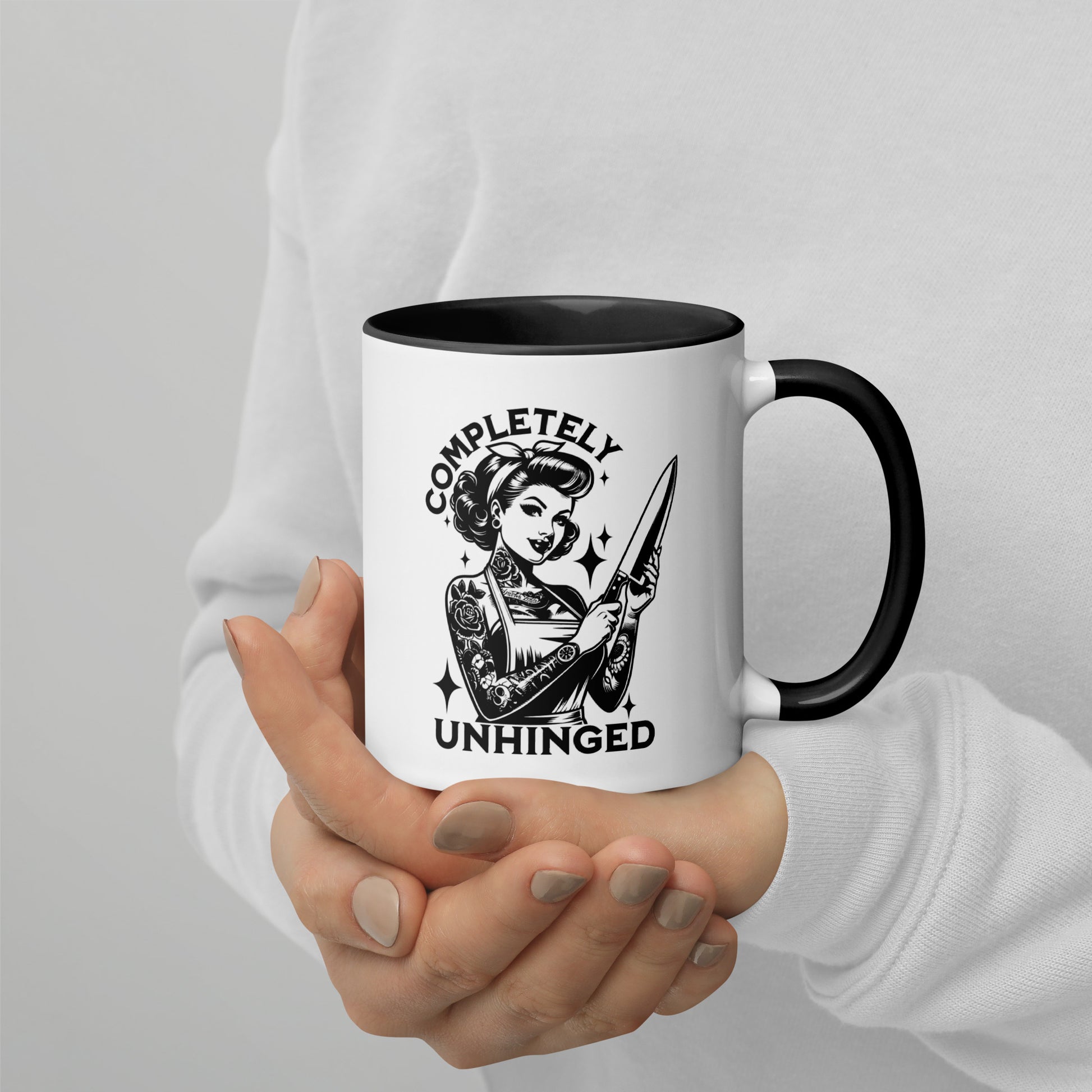 Completely Unhinged Tattooed Pin-Up Dagger Accent Coffee Mug by Spinsterly Co, glossy ceramic white with black interior