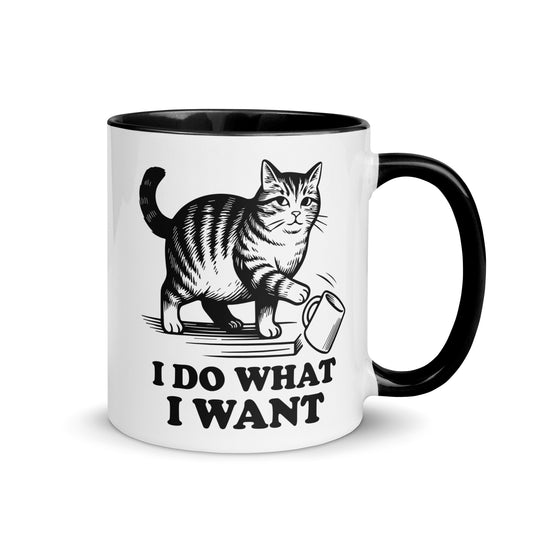 I Do What I Want Cat Knocking Mug Accent Coffee Mug by Spinsterly Co, glossy ceramic with tabby cat graphic