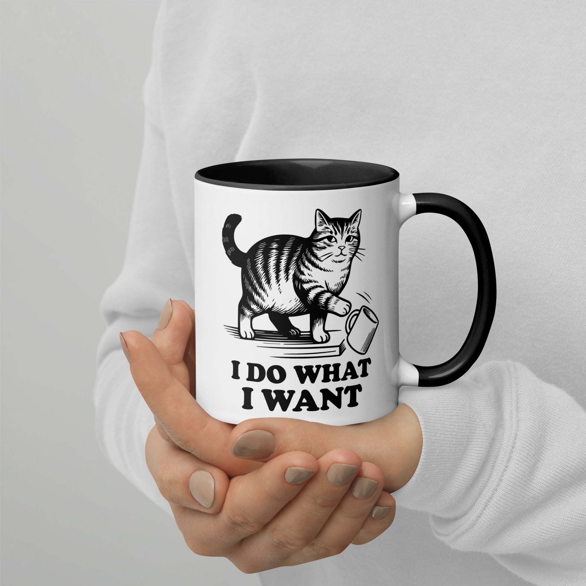 I Do What I Want Cat Knocking Mug Accent Coffee Mug by Spinsterly Co, glossy ceramic with black interior