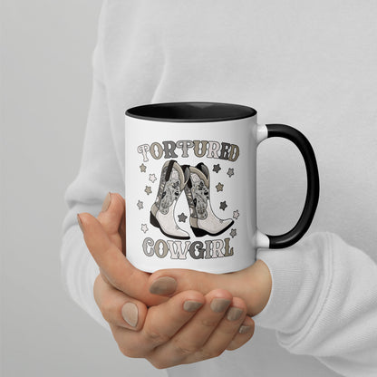 Tortured Cowgirl Western Boot Accent Coffee Mug by Spinsterly Co, white ceramic with black interior